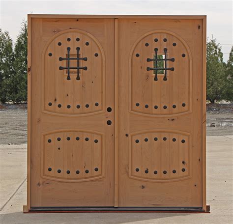 Exterior Knotty Alder Double Doors Arched Panels