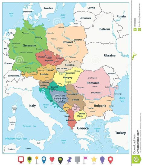 Central Europe Political Map And Flat Map Pointers Stock Vector