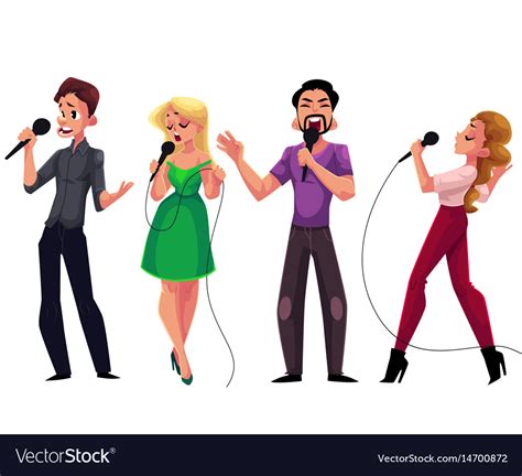 Men And Women Singing Karaoke Holding Microphones Vector Image