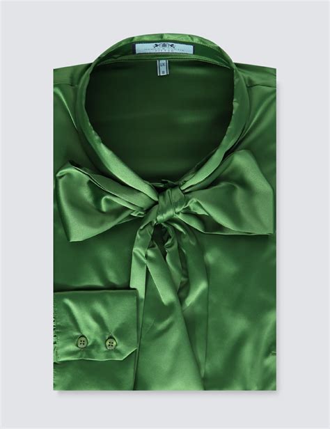 Womens Cactus Green Fitted Luxury Satin Blouse Pussy Bow Hawes