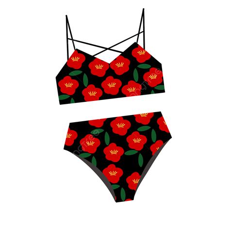 Retro Red Camellia Black Swimsuit Clipart Swimwear Clipart Red
