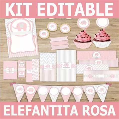 Kit Imprimible Elefantita Rosa Baby Shower Nena Elefante