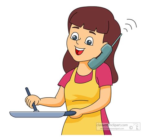 Kitchen Woman Talking On Phone While Cooking Classroom Clipart