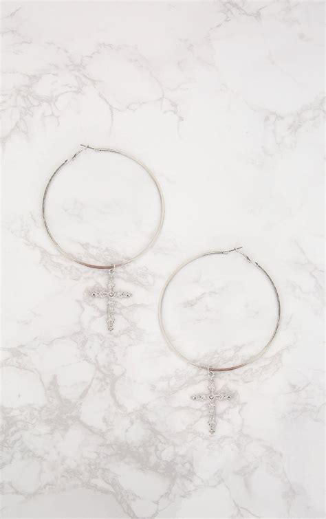 Silver Extra Large Cross Drop Hoop Earrings Prettylittlething Usa