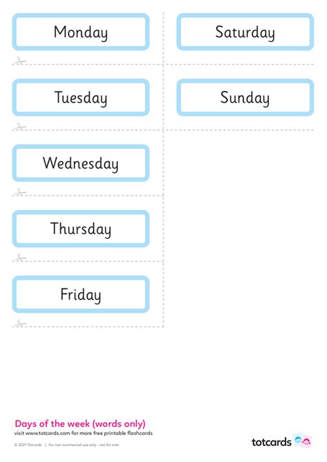 Free Days Of The Week Flashcards For Kids Totcards