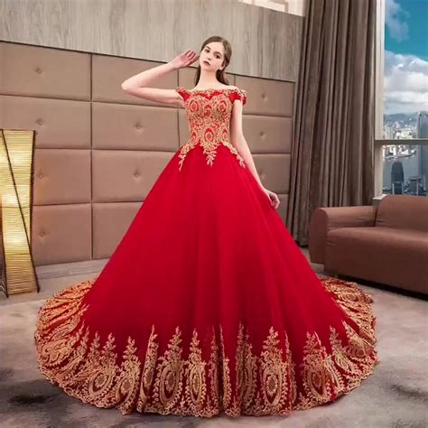 Hq057 Appliqued Gold Lace Off Shoulder Ball Gown Wedding Evening Pattern Red Chinese Traditional