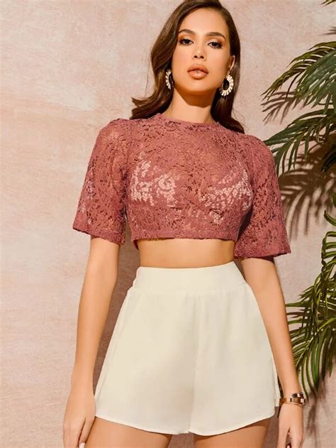Shein Zip Back Guipure Lace Crop Top Without Bra In 2020 Lace Crop