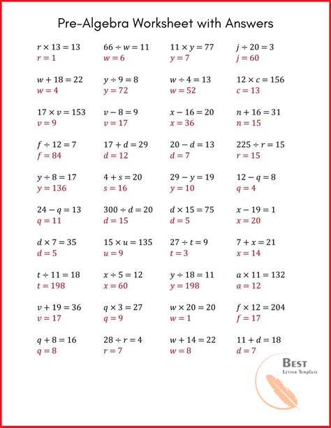 Free Printable Pre Algebra Math Worksheets With Answer Key
