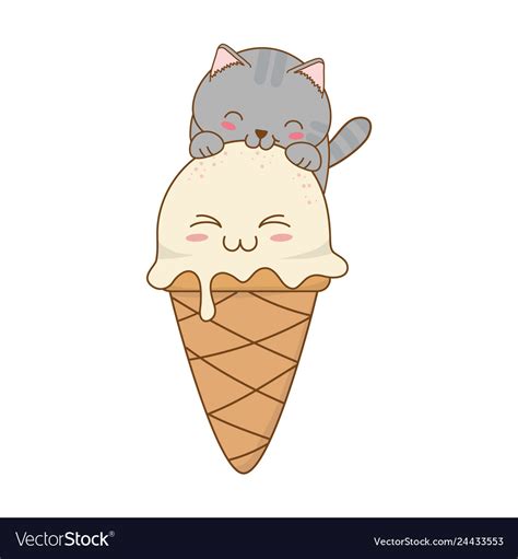 Cute Little Cat With Ice Cream Kawaii Character Vector Image
