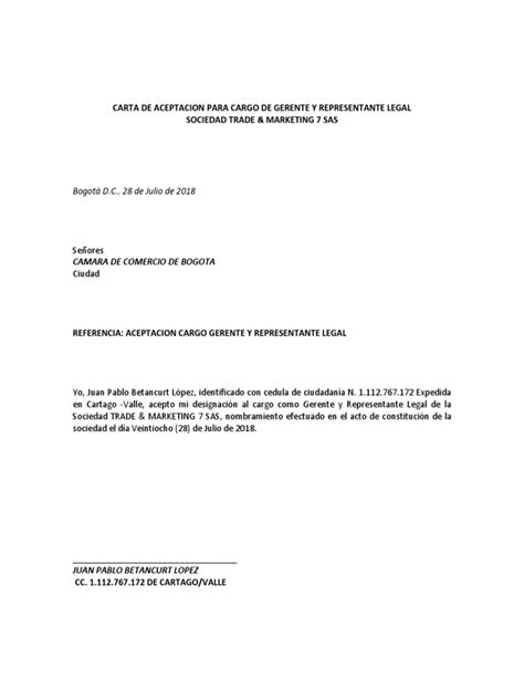 Carta De Aceptacion Para Cargo De Gerente Y Representante Legal