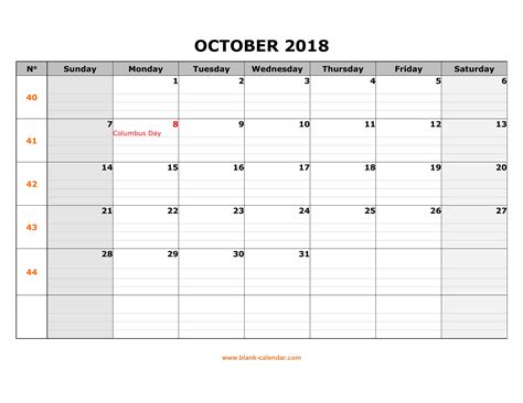 Free Download Printable October 2018 Calendar Large Box Grid Space