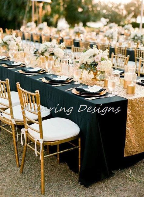 Gold Sequin Linens Tablecloth Runner Overlay Wedding Event Etsy Black Gold Wedding Black