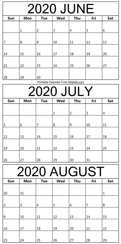 june august 2020 blank clanedars calendar template printable