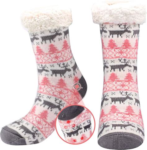 Womens Slipper Socks Ladies Non Slip Fleece Lined Warm Slipper Socks With Grips Pink Fluffy