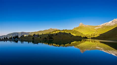 Reflection Lake Mountains Trees Clear Sky Nature Calm Waters Sky