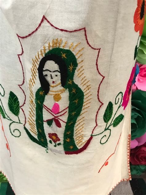 Mexican Hand Embroidered Virgin De Guadalupe Manta Dress Coco Etsy