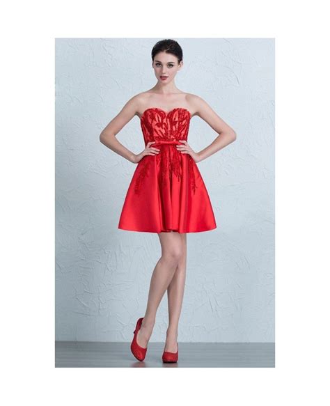 red beaded sweetheart satin short party dress with corset back epj11 109