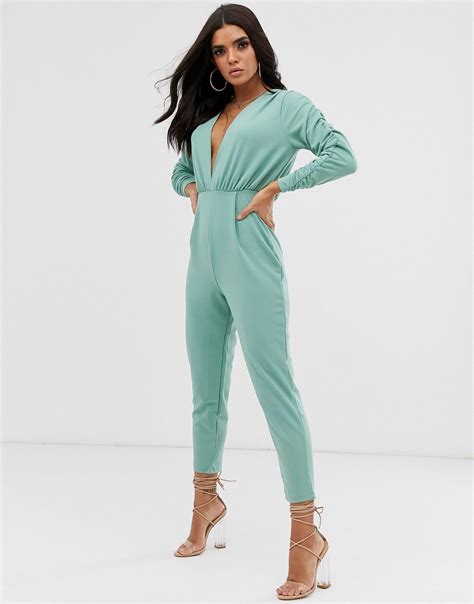 Asos Synthetic Deep Plunge Jumpsuit With Gathered Sleeve Detail In