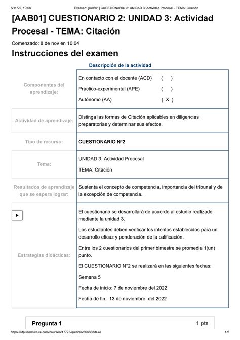 Examen AAB01 Cuestionario 2 Unidad 3 Actividad Procesal TEMA