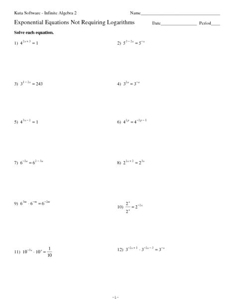 Exponential Equations not Requiring Logarithms Worksheet for 9th - 11th