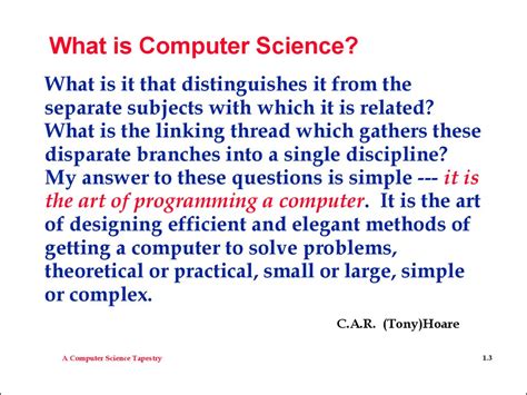 The discipline of computer science includes the study of algorithms and data structures and artificial intelligence. A Computer Science Tapestry - online presentation