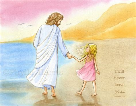 Jesus And Little Girl Walking On The Beach Inspirational Wall Art