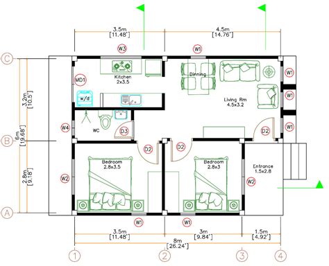 Custom Small House Plans 6x8 Meter 20x27 Feet 2 Beds 1 Bath A4 Hard