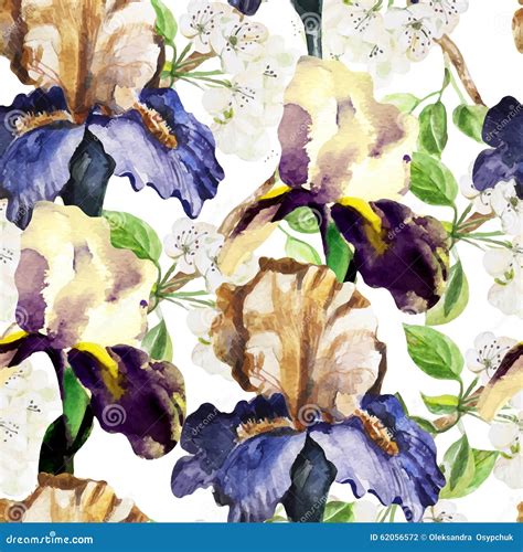 Seamless Pattern With Watercolor Flowers Iris Stock Vector