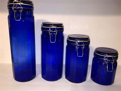 Vintage Cobalt Blue Glass Canister Set Of 4 Jars 12 Panel With Wire Bale Lids Ebay