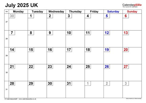 Calendar July 2025 Uk With Excel Word And Pdf Templates