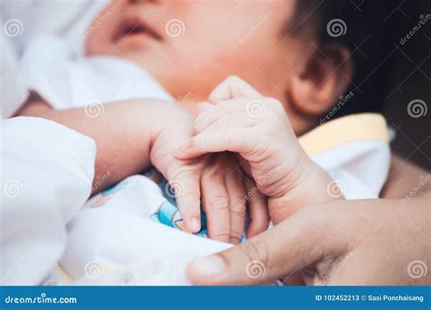 Newborn Baby Hands Holding Together While She Sleeping Stock Image