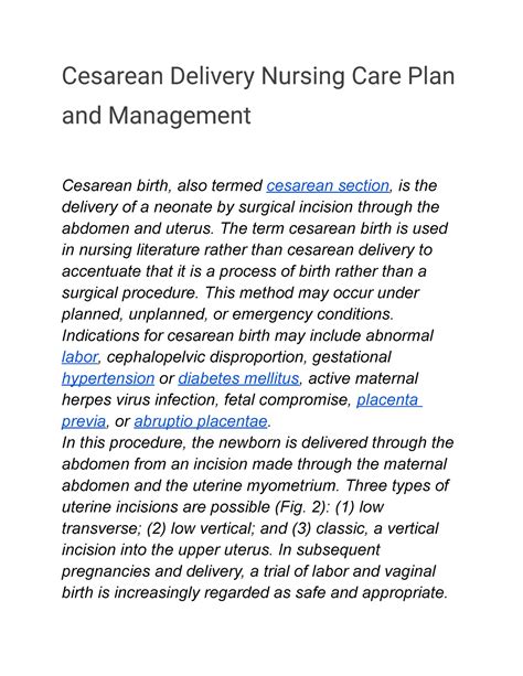 Cesarean Delivery Nursing Plan Management Cesarean Delivery Nursing