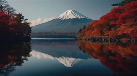 Premium Ai Image Fuji Mountain Reflection With Red Maple Leaves In Autum