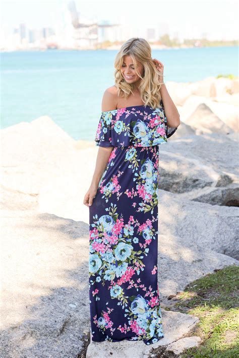 Navy Floral Off Shoulder Maxi Dress Cute Dresses Saved By The Dress