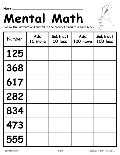 Mental Math Addition And Subtraction Worksheet Supplyme