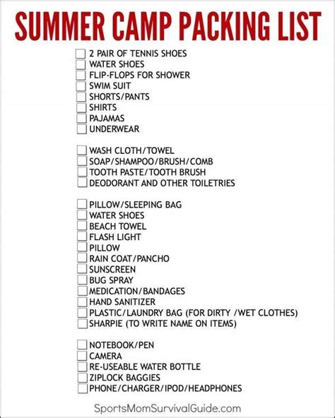 Church Camp Packing Summer Camp Packing List Camping Packing List