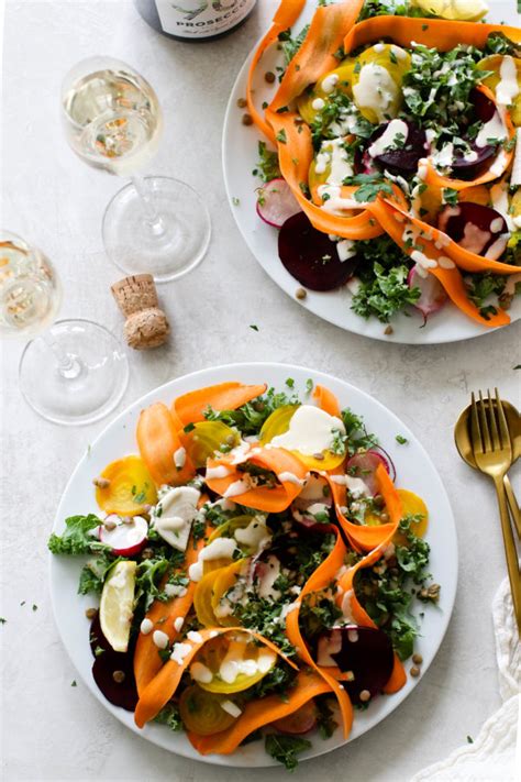 Roasted Beet Salad With Lentils Carrot Ribbons And Citrus Tahini