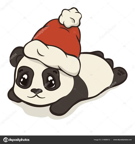 Cute Christmas Cartoon Panda Bear Character Santa Hat Pompon Vector