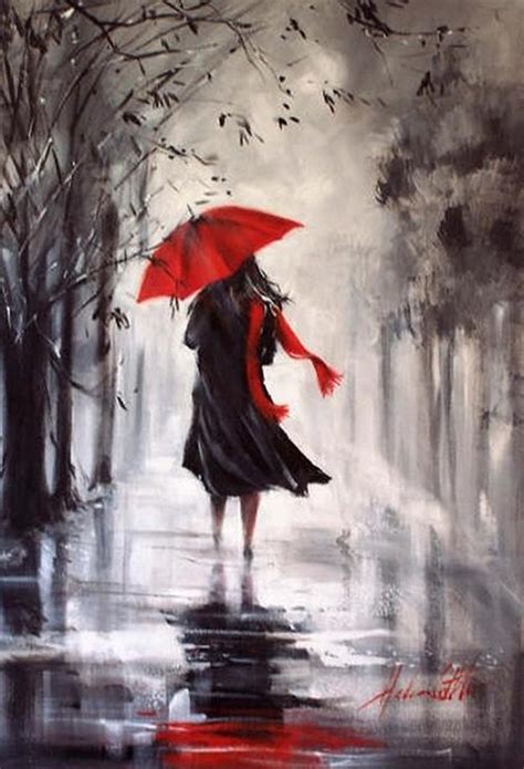 Girl Walking In Rain With Umbrella Painting Visual Motley