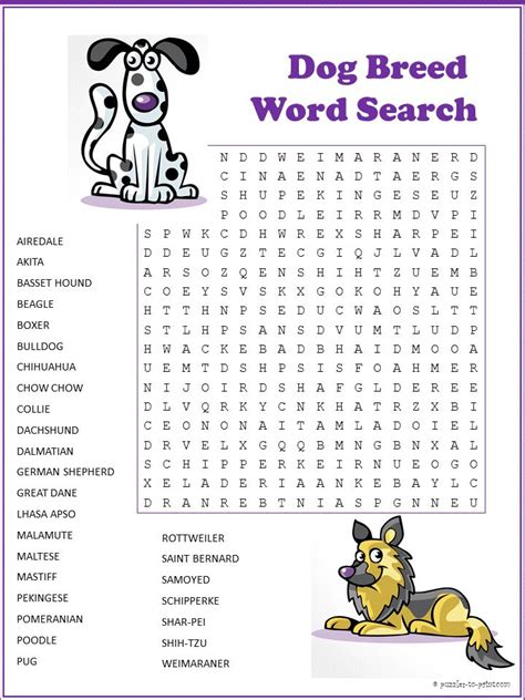 The Word Search Is Shown In Purple And White With An Image Of A Dog On It