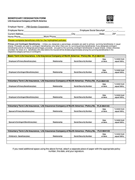 Fillable Online Pbigordon Cigna Beneficiary Form Fax