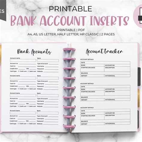 Bank Account Information Tracker Printable Financial Account Etsy