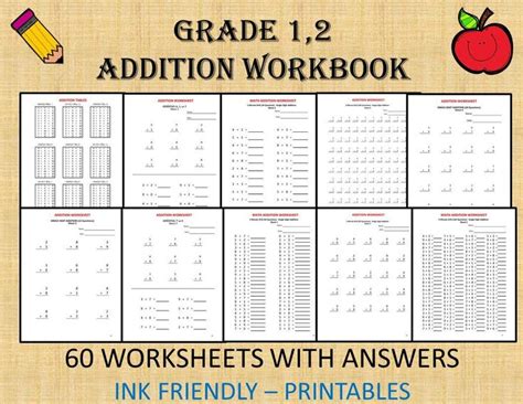 2nd grade math worksheets, pdf printables on: Math Addition Worksheets for Grade 1, 2/ pdf/ Year 1,2/ Grade 1,2/ With Answers/ Numeracy Games ...