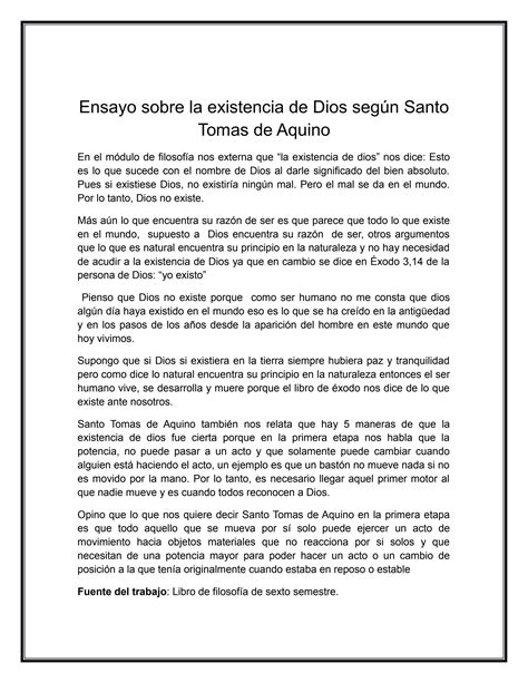 Ensayo Sobre La Existencia De Dios Según Santo Tomas De Aquino By