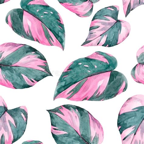 Beautiful Seamless Pattern With Watercolor Tropical Leaves Stock