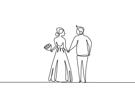 Línea De Dibujo De Recién Casados Tomados De La Mano Antes De La Boda