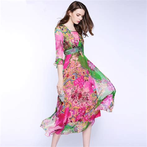 100 Pure Silk Dresses 2017 Summer High Quality Bohemian Flare Sleeve
