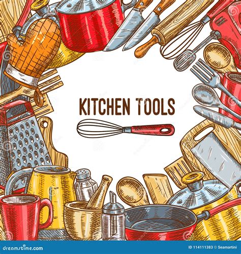 Kitchen Tool Utensil Or Kitchenware Sketch Poster Stock Vector