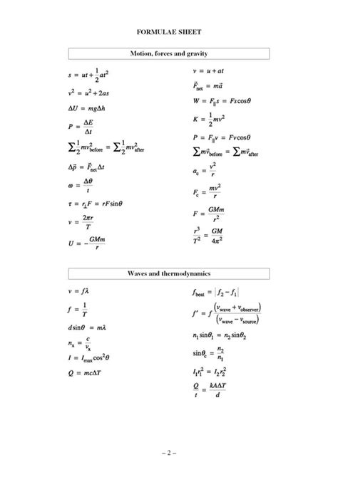 Formula Sheet Physics High
