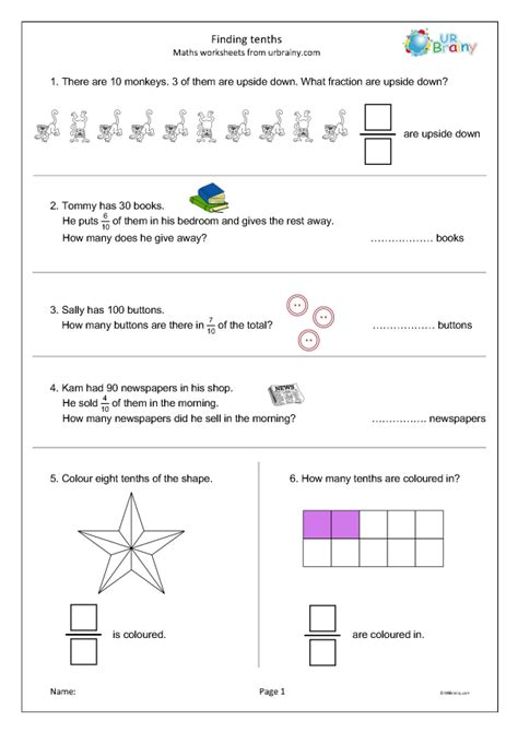 Finding Tenths Of Numbers Worksheets